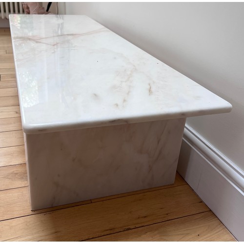 128 - White marble side table. Top removes. 137cm w x 46cm d x 35cm h.