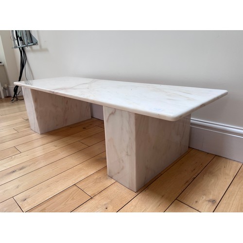 128 - White marble side table. Top removes. 137cm w x 46cm d x 35cm h.