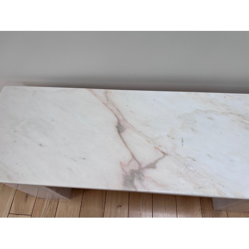 128 - White marble side table. Top removes. 137cm w x 46cm d x 35cm h.