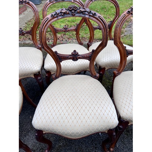 132 - A set of six 19thC walnut balloon backed dining chairs with carved crest rials and cabriole legs. He... 