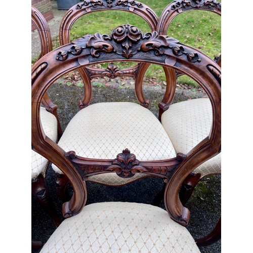 132 - A set of six 19thC walnut balloon backed dining chairs with carved crest rials and cabriole legs. He... 