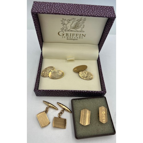 635 - Three pairs of 9 carat gold cufflinks. Total weight 14.7gm.