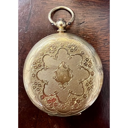 737 - A 18 carat gold ladies pocket watch. 3.5cm d. Total weight 34.4gm.