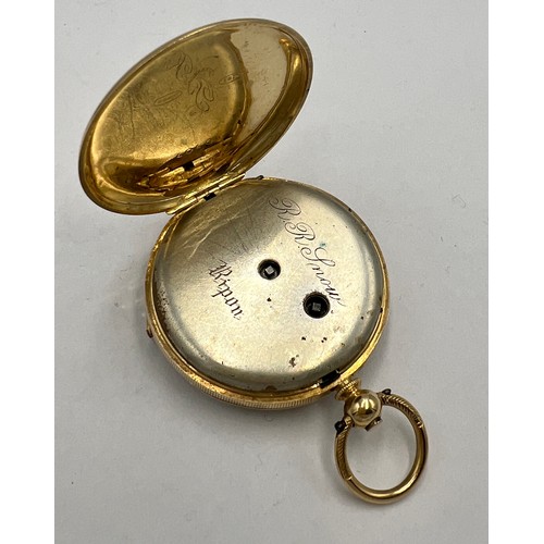 737 - A 18 carat gold ladies pocket watch. 3.5cm d. Total weight 34.4gm.