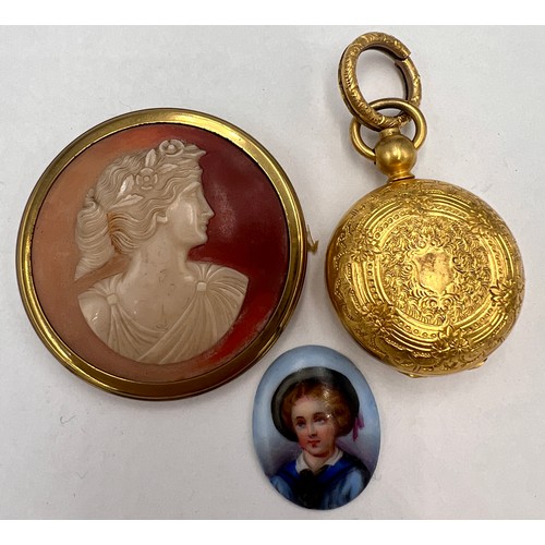 1343 - Cameo depicting classical female head, a continental porcelain plaque 2.5cm x 2cm together with a 19... 