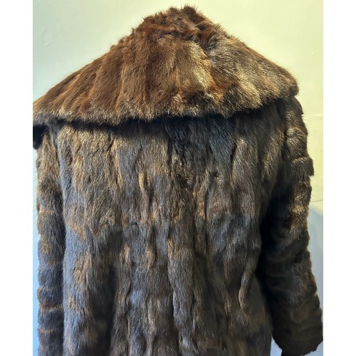 962 - A ladies vintage fur coat with wide collar. Back of collar to hem 88cm, armpit to armpit 56cm.