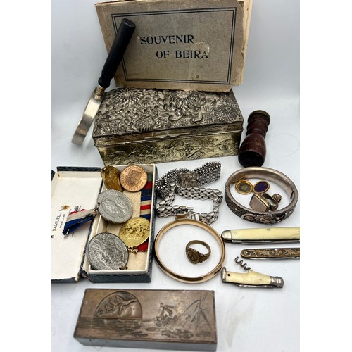 1350 - A miscellany to include hallmarked silver bracelet, two unmarked white metal bangles, 19thC seals, C... 