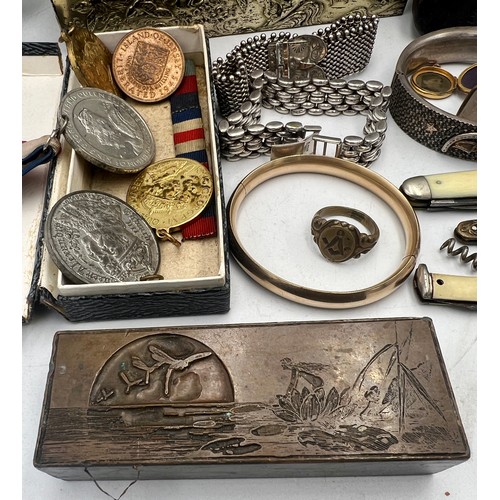 1350 - A miscellany to include hallmarked silver bracelet, two unmarked white metal bangles, 19thC seals, C... 