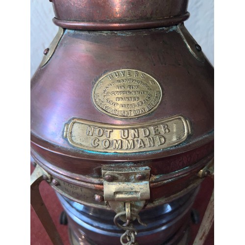 1076 - Copper ‘Not Under Command’ ship’s lamp.
Handle down 58cm h , up 62cm.