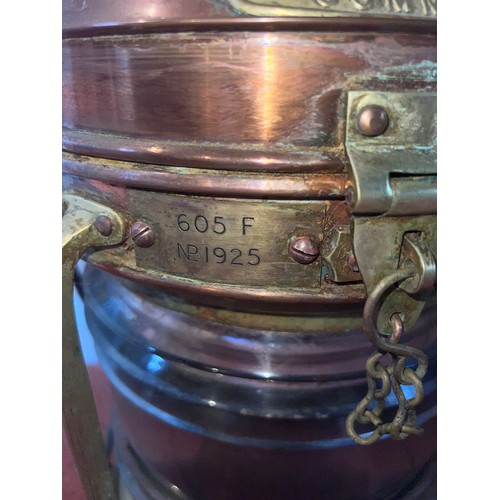 1076 - Copper ‘Not Under Command’ ship’s lamp.
Handle down 58cm h , up 62cm.