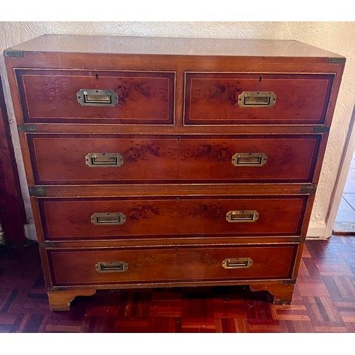 116 - A 20thC yew wood campaign chest on bracket feet. 92cm w x 41cm d x 93cm h.