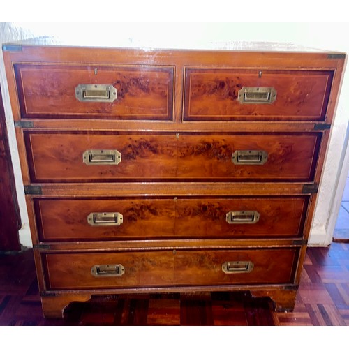 116 - A 20thC yew wood campaign chest on bracket feet. 92cm w x 41cm d x 93cm h.