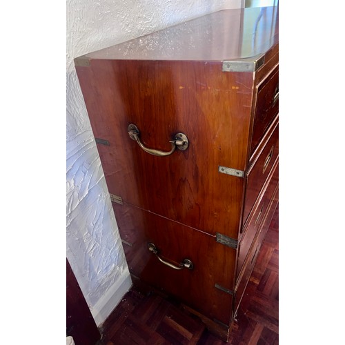 116 - A 20thC yew wood campaign chest on bracket feet. 92cm w x 41cm d x 93cm h.