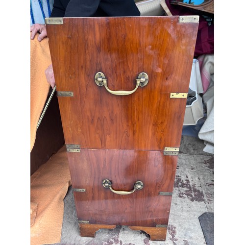 116 - A 20thC yew wood campaign chest on bracket feet. 92cm w x 41cm d x 93cm h.