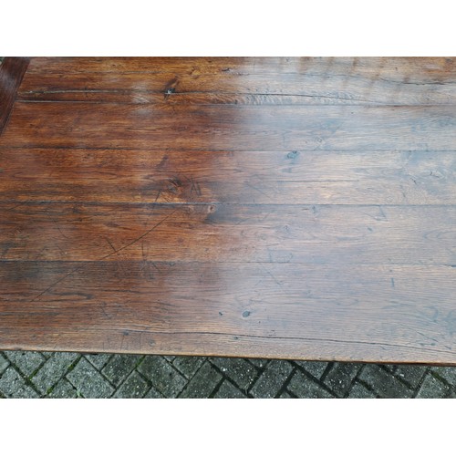 120 - A 19thC oak farmhouse table with single drawer to one end. 79 h x 148 w x 85cm d.