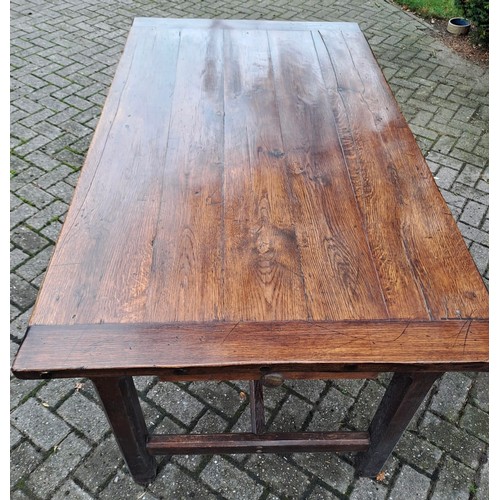 120 - A 19thC oak farmhouse table with single drawer to one end. 79 h x 148 w x 85cm d.