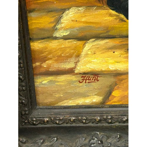 1485 - A contemporary framed painting of chickens, cockerel and rabbits, oil on canvas, signed Hunt. Sight ... 