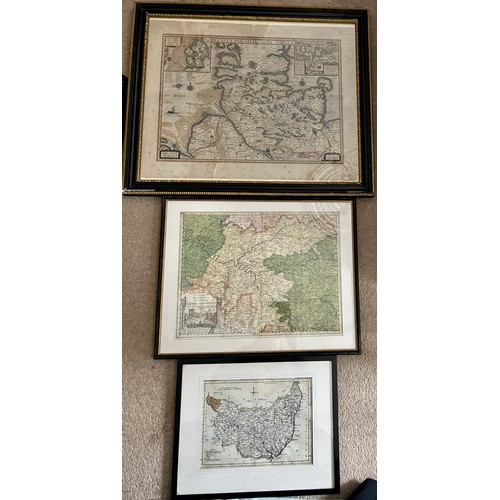 1473 - Three framed and glazed early maps including 17thC Schleswick Holstein by Henricus Hondius II, 46cm ... 