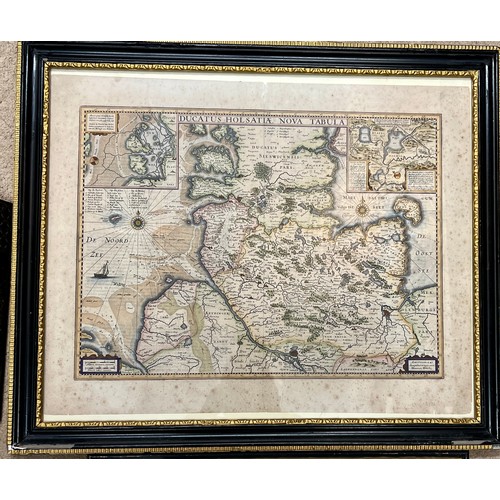 1473 - Three framed and glazed early maps including 17thC Schleswick Holstein by Henricus Hondius II, 46cm ... 