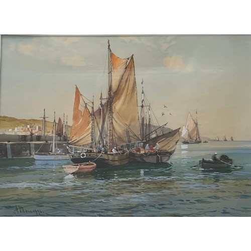 1490 - Wilfred KNOX (1884-1966) a watercolour of 'Fishing Trawlers' in a harbour. Signed L.L. 'A. D. Bell 1... 