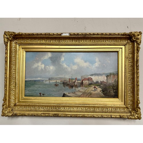 1491 - Alfred VICKERS (British 1786-1868), oil on canvas of coastal landscape and harbour scene with figure... 