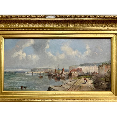 1491 - Alfred VICKERS (British 1786-1868), oil on canvas of coastal landscape and harbour scene with figure... 