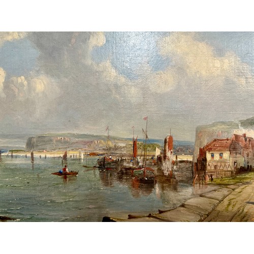 1491 - Alfred VICKERS (British 1786-1868), oil on canvas of coastal landscape and harbour scene with figure... 