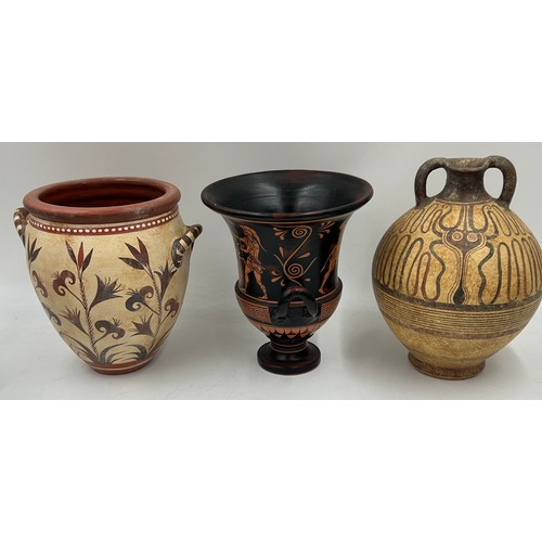 330 - Twelve various painted terracotta Greek style vases, jugs, bowls, pitchers, busts. Some glazed. Tall... 