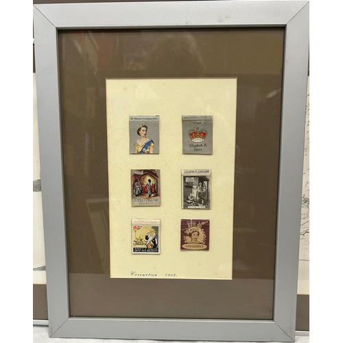 996 - A collection of 54 matchbox covers in 6 glazed frames together with a BMW limited edition print  413... 