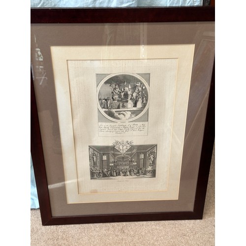 1458 - Three framed Hogarth engravings, Six tickets 1822, Some of The Principal inhabitants of the Moon and... 