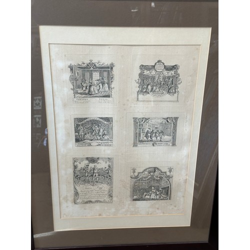 1458 - Three framed Hogarth engravings, Six tickets 1822, Some of The Principal inhabitants of the Moon and... 