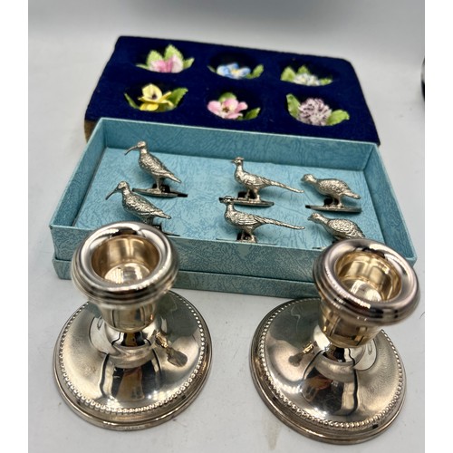 903 - Hallmarked silver candlesticks Birmingham 1995 with filled bases, silver plated menu game bird menu ... 