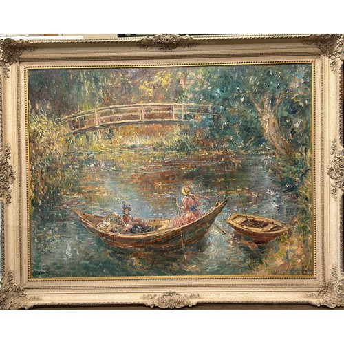 1501 - A large oil on canvas, two female figures in a boat on an ornamental garden pond with bridge in the ... 