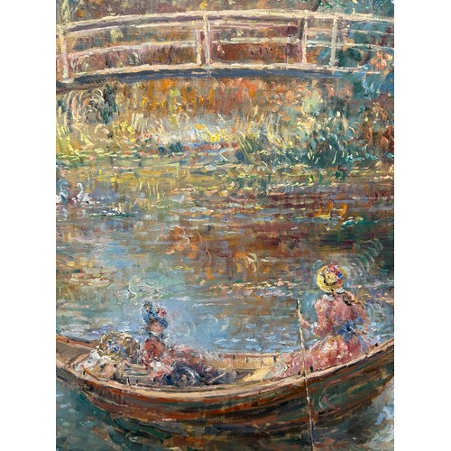 1501 - A large oil on canvas, two female figures in a boat on an ornamental garden pond with bridge in the ... 