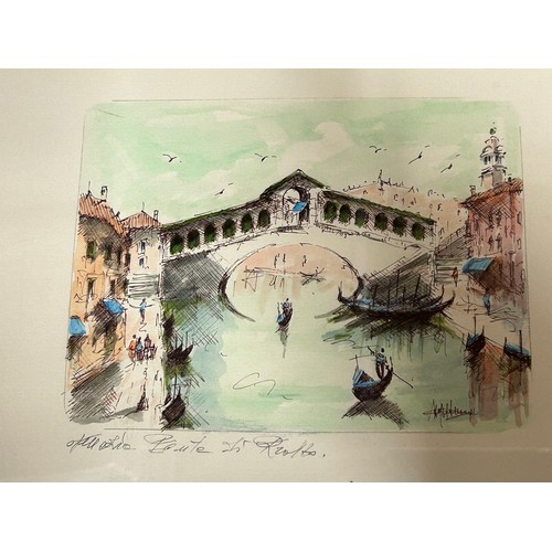 1505 - Four pen and ink drawings of Venice landmarks, Ponte di Rialto, Bridge of Sighs etc. signed and titl... 