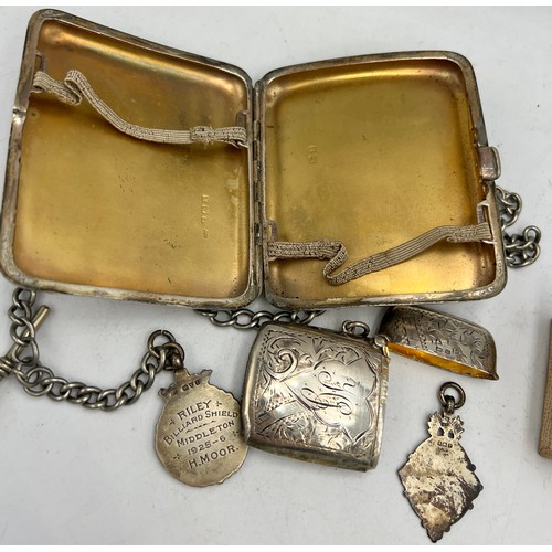 940 - Vintage silver to include cigarette case, vesta case, silver plated watch chain with silver snooker ... 