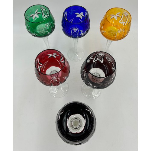 471 - A set of 6 x Nachtmann Harlequin coloured Bavarian crystal hock glasses with clear faceted stems 20c... 