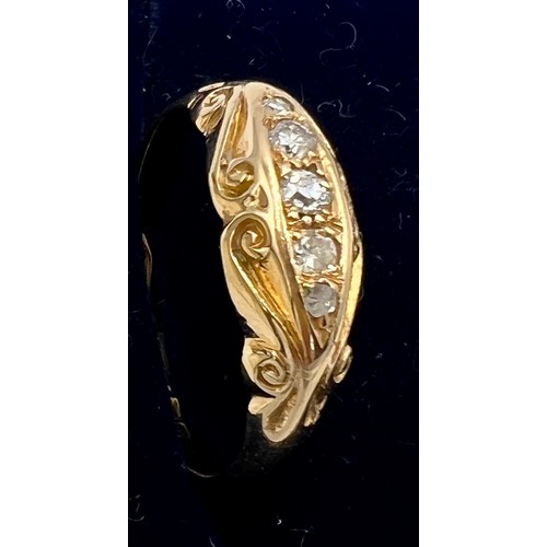 540 - An 18 carat gold ring set with 5 diamonds. Size O. Weight 2.3gm.