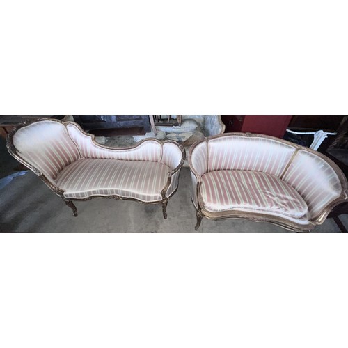 136 - Two 19thC giltwood sofas in the French style upholstered in striped silk. 155cm l x 63cm d x 93cm h ... 