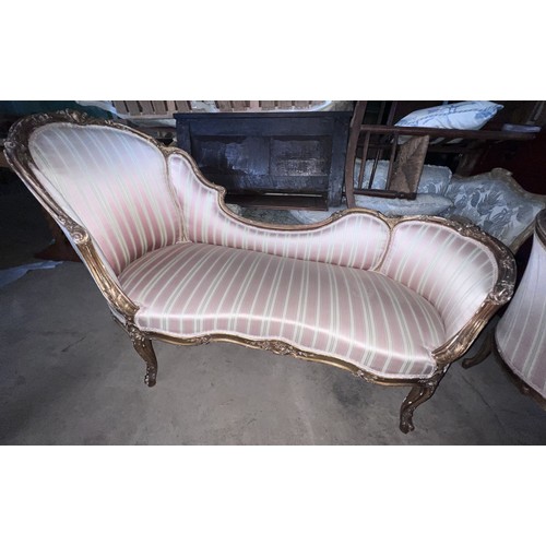 136 - Two 19thC giltwood sofas in the French style upholstered in striped silk. 155cm l x 63cm d x 93cm h ... 