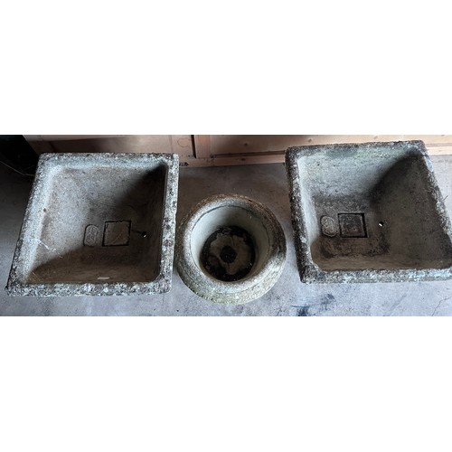 12 - Two reconstituted stone urns 53cm d x 43cm h marked Pan-Art together with a circular reconstituted s... 