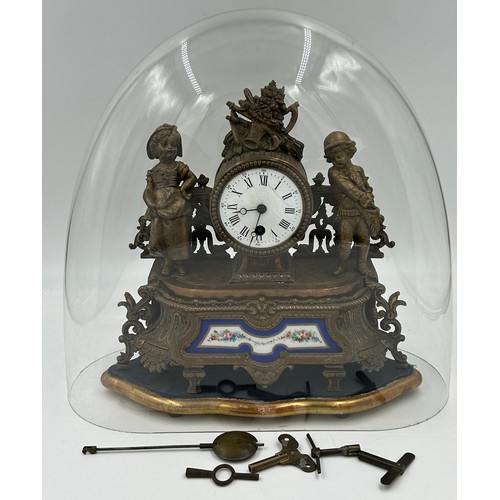 1117 - A French metal mantel clock with painted porcelain panel together with an un-associated glass dome 3... 