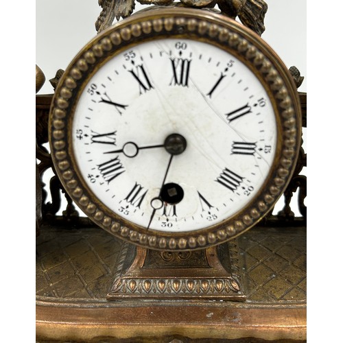 1117 - A French metal mantel clock with painted porcelain panel together with an un-associated glass dome 3... 