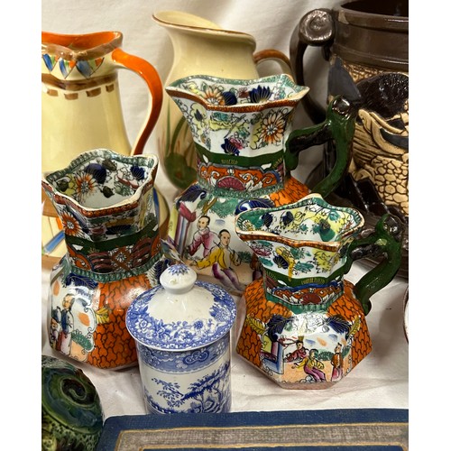 346 - English 19th/20thC ceramics to include a set of three 19thC Mason Ironstone graduated hydra jugs in ... 