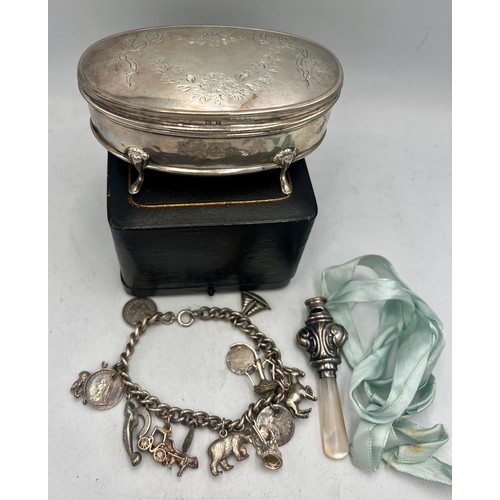 933 - Hallmarked silver to include oval jewellery box, Birmingham 1916, charm bracelet and silver, mother ... 