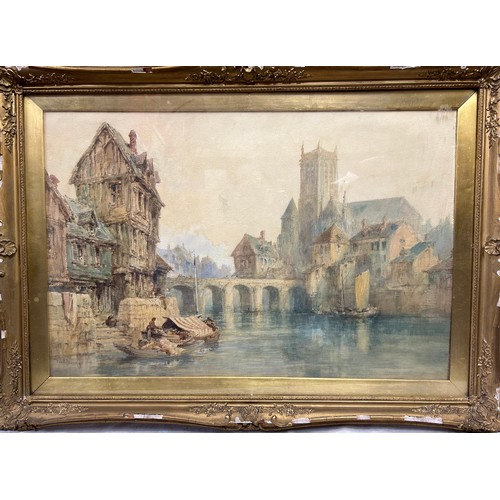 1509 - Paul Marny (1829-1914) a watercolour of 'Meaux' a French town scene with cathedral and river. Sight ... 