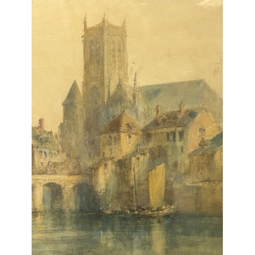 1509 - Paul Marny (1829-1914) a watercolour of 'Meaux' a French town scene with cathedral and river. Sight ... 