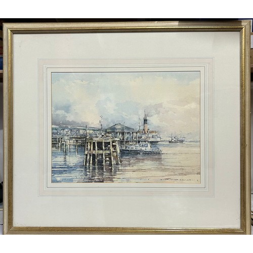 1510 - Tom Harland (1945-2012) a large watercolour 'A Late Afternoon in Winter, Victoria Pier, Hull'. Image... 