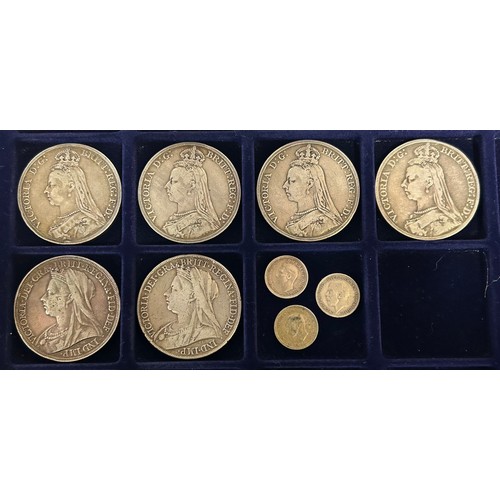 832 - Six Queen Victoria silver crowns, 1889 x 3, 1890, 1895, 1900, a George V threepence 1916, 2 x George... 