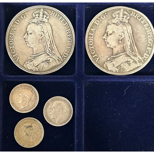 832 - Six Queen Victoria silver crowns, 1889 x 3, 1890, 1895, 1900, a George V threepence 1916, 2 x George... 